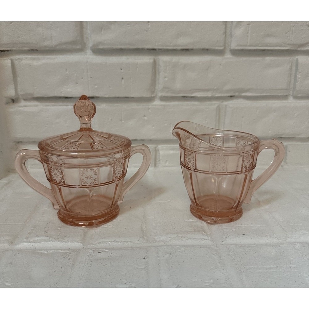 Jeannette Doric Creamer & Sugar Bowl Pink Depression Glass Read‎
